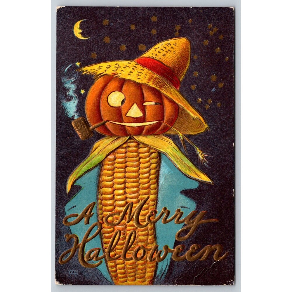 Postcard Antique Halloween Jack O' Lantern Corn Cob Moon Embossed c1910 Stars - Picture 1 of 2